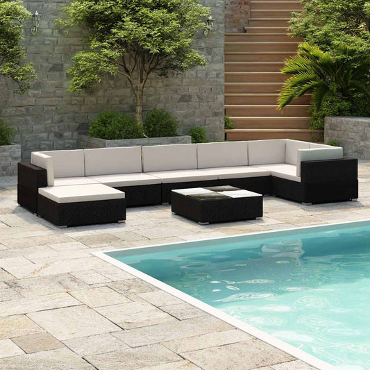 Set Divani da Giardino 8 pz con Cuscini in Polyrattan Nero - homemem39