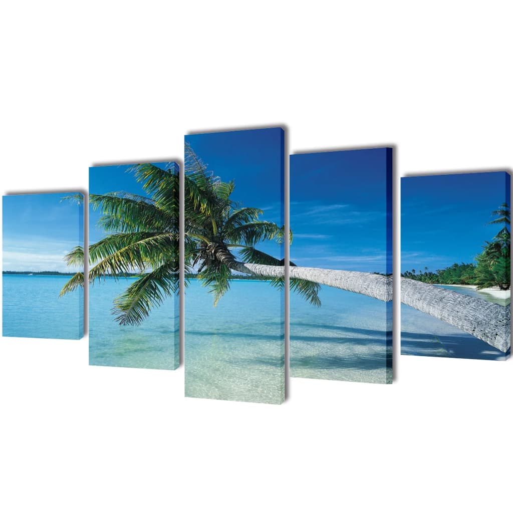 5 pz Set Stampa su Tela da Muro Spiaggia con Palma 200 x 100 cm - homemem39