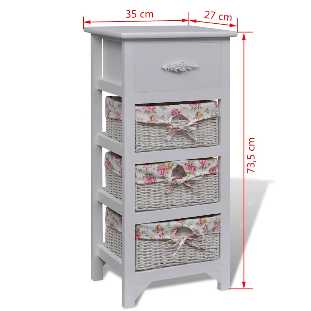 Mobiletto con 1 Cassetto e 3 Cestini Bianco Legno di Paulownia | homemem39