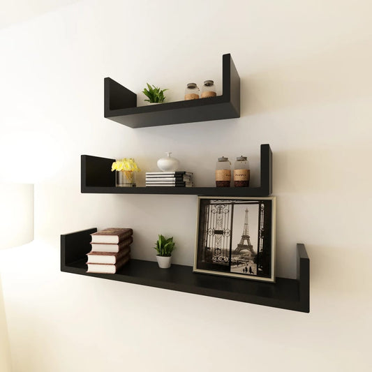 Mensole a Parete 3 pz Nere in MDF a U per Libri/DVD | homemem39