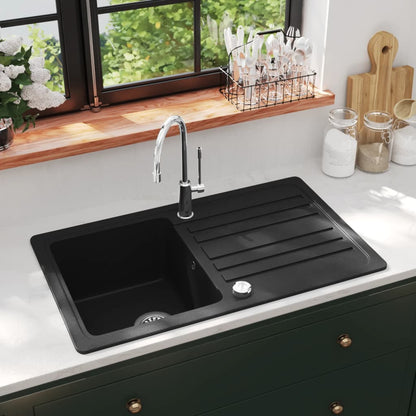 Lavandino Cucina Granito Singolo Scolapiatti Reversibile Nero | homemem39