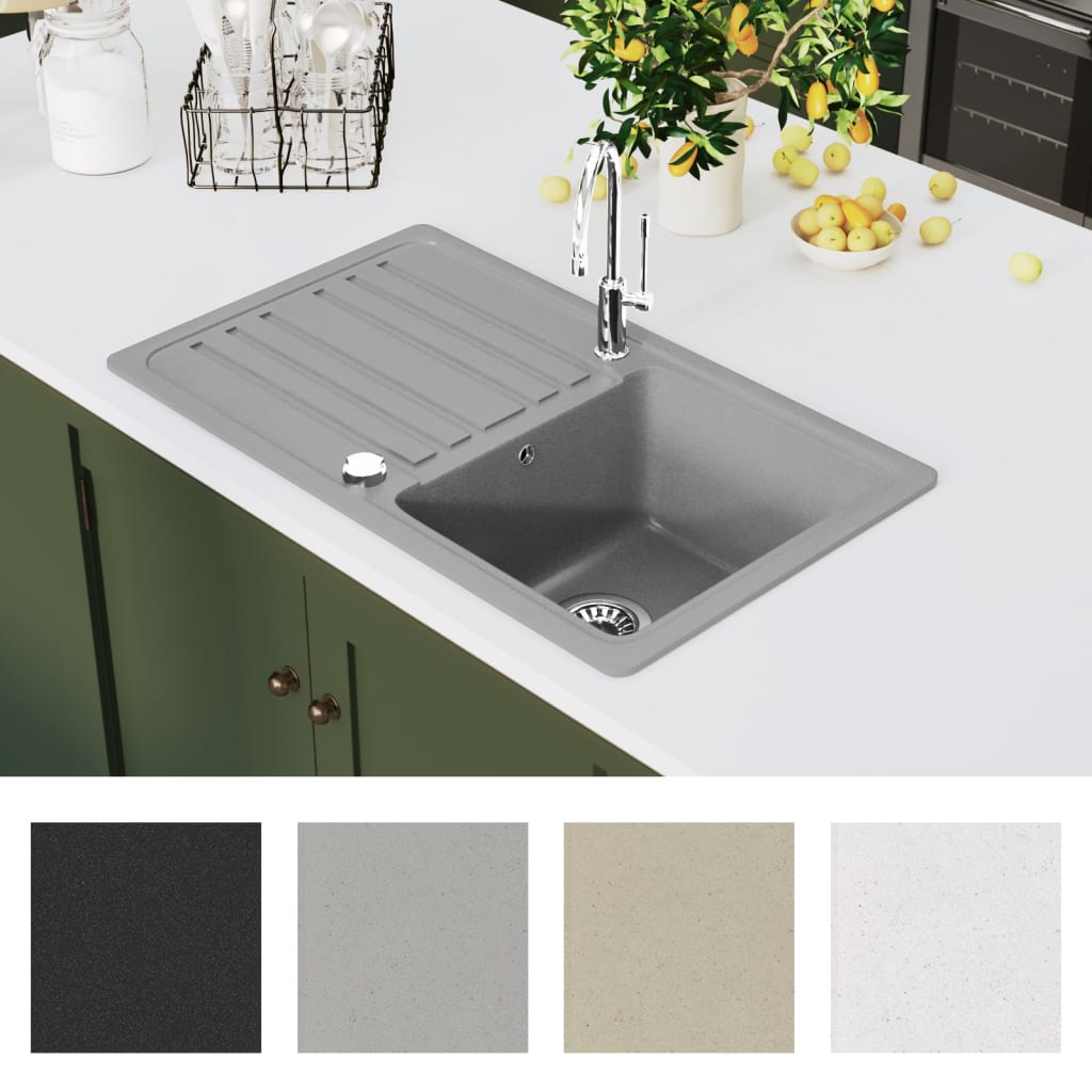 Lavandino cucina granito singolo con scolapiatti reversibile grigio | homemem39
