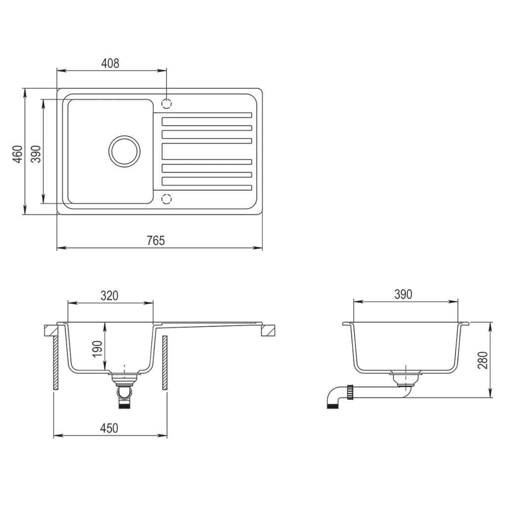 Lavandino cucina granito singolo con scolapiatti reversibile grigio | homemem39