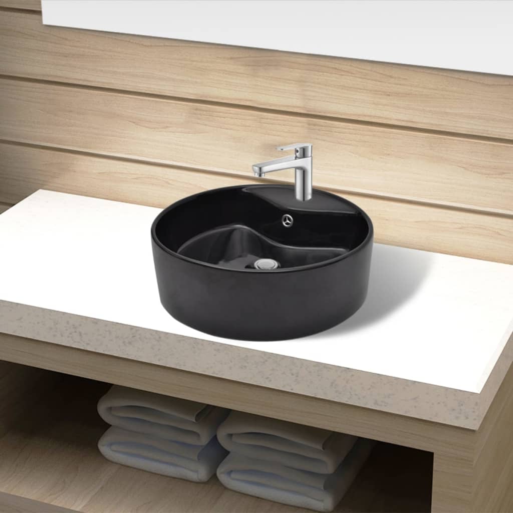 Lavandino bagno in Ceramica nera rotondo con Foro di trabocco - homemem39
