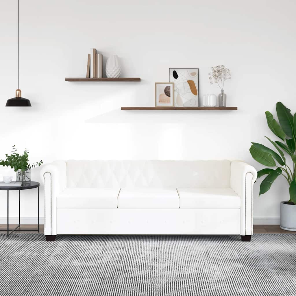 Divano Chesterfield a 3 Posti in Finta Pelle Bianco