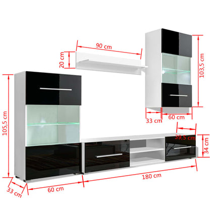 Mobili con Vetrina Parete Unità TV 4pz Nero Lucido con Luci LED