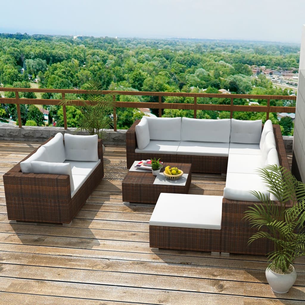 Set Divani da Giardino 10 pz con Cuscini in Polyrattan Marrone - homemem39