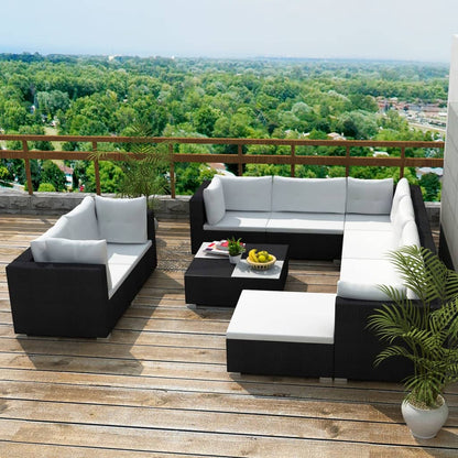 Set Divani da Giardino 10 pz con Cuscini in Polyrattan Nero - homemem39