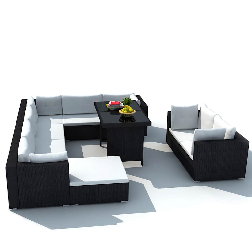Set Divani da Giardino 10 pz con Cuscini in Polyrattan Nero | homemem39