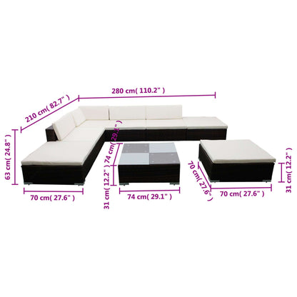 Set Divani da Giardino 8 pz con Cuscini in Polyrattan Marrone | homemem39