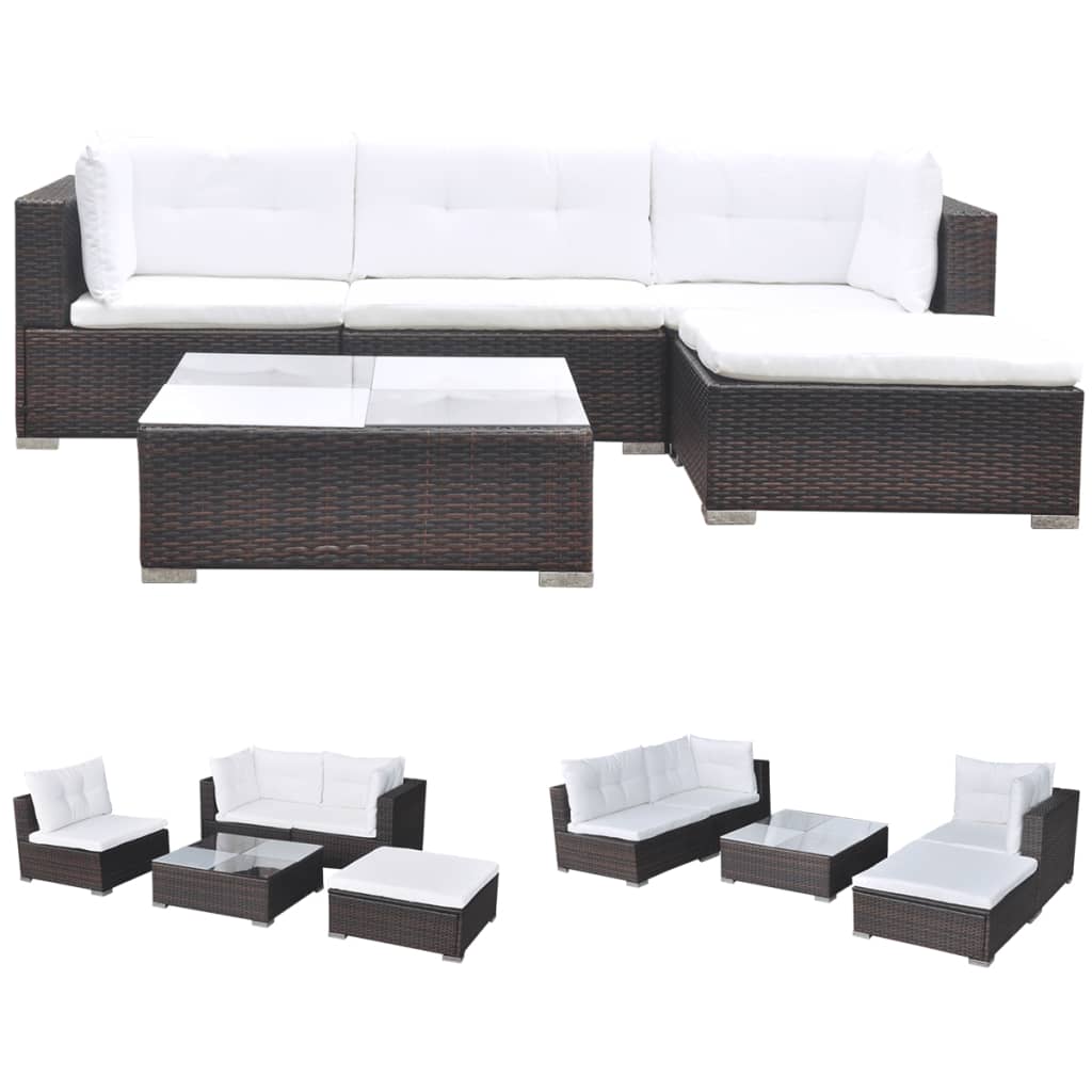 Set Divani da Giardino 5 pz con Cuscini in Polyrattan Marrone | homemem39