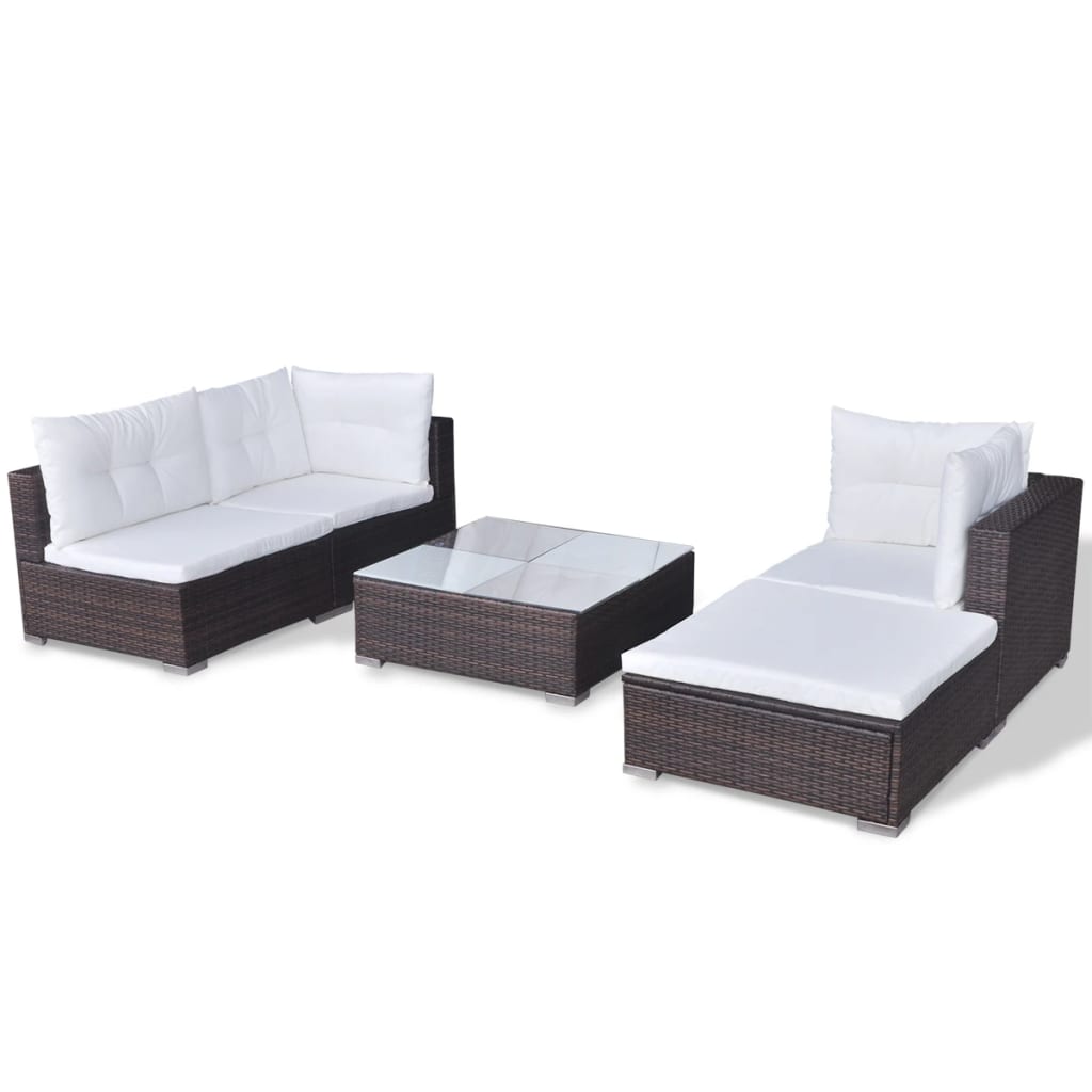 Set Divani da Giardino 5 pz con Cuscini in Polyrattan Marrone | homemem39