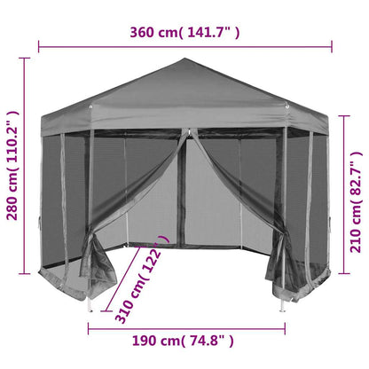 Gazebo Esagonale Pop-Up con 6 Pareti Grigio 3,6x3,1 m