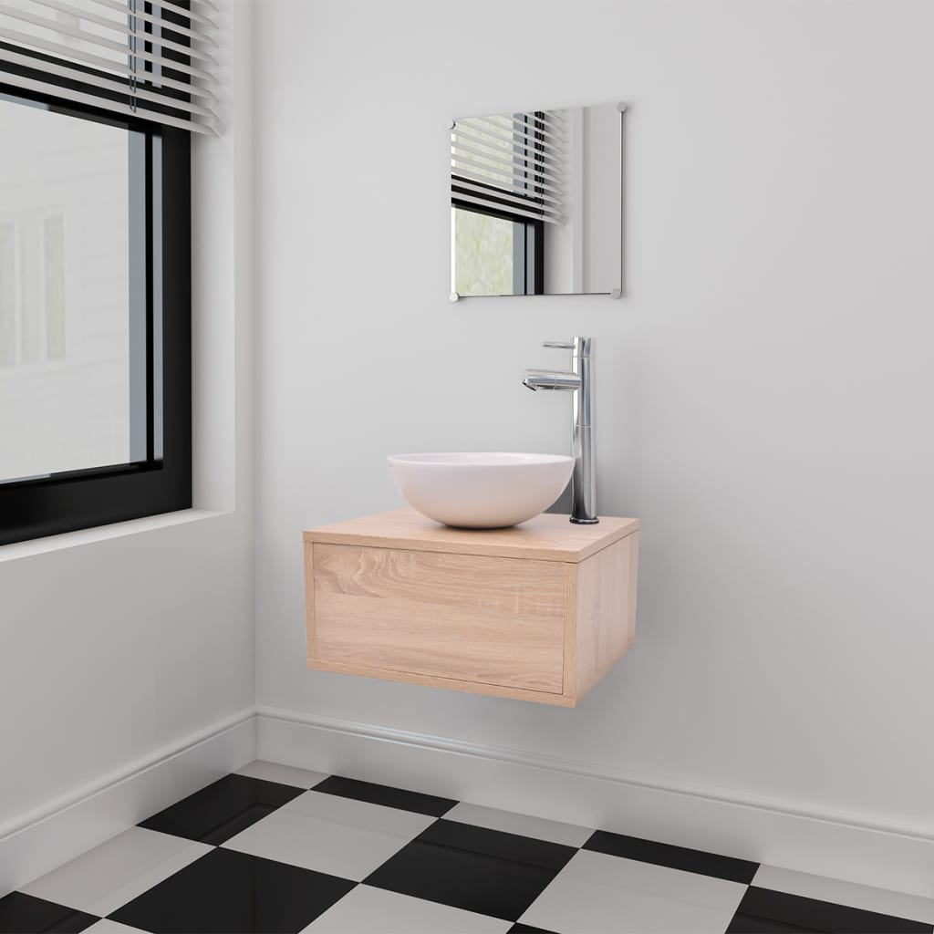 Set Mobili da Bagno 4 pz con Lavabo e Rubinetto Beige | homemem39
