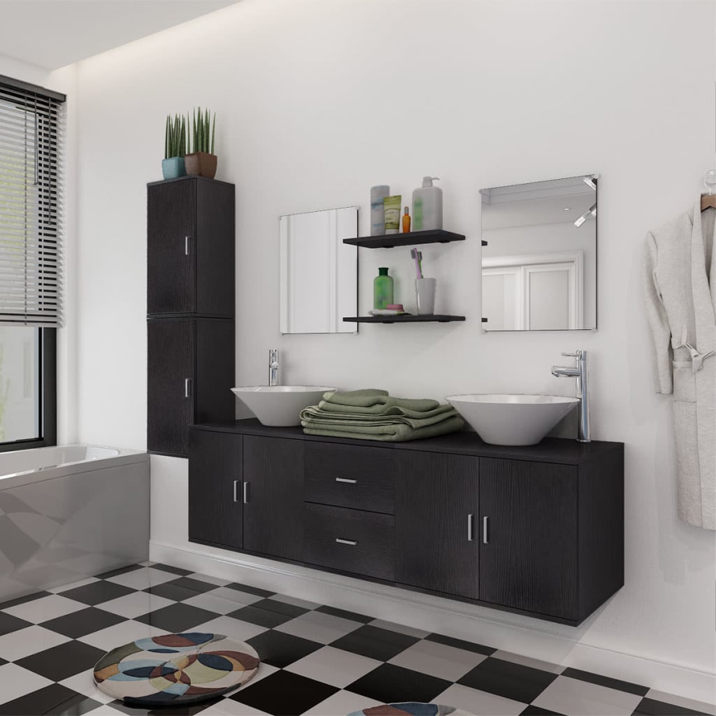 Set Mobili da Bagno 11 pz con Lavabo e Rubinetto Nero | homemem39
