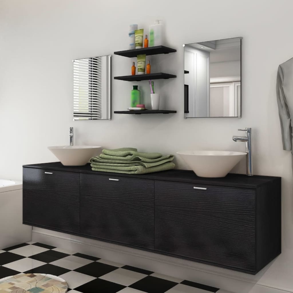Set Mobili da Bagno 10 pz con Lavabo e Rubinetto Nero | homemem39