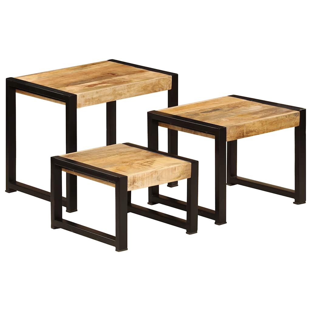 Tavolini Impilabili 3 pz in Legno Massello di Mango - homemem39