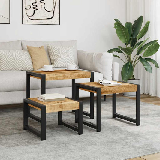 Tavolini Impilabili 3 pz in Legno Massello di Mango - homemem39
