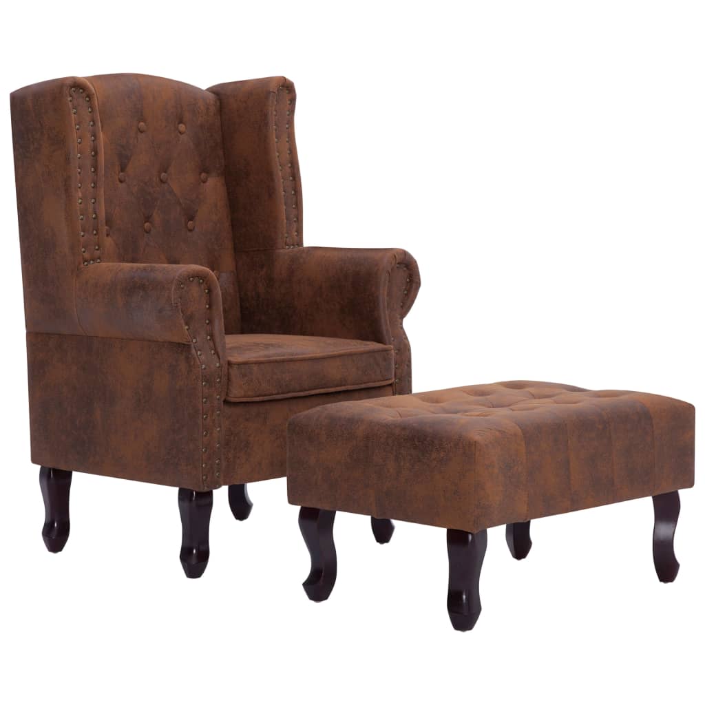 Poltrona Chesterfield Poggiapiedi Marrone Ecopelle Scamosciata - homemem39