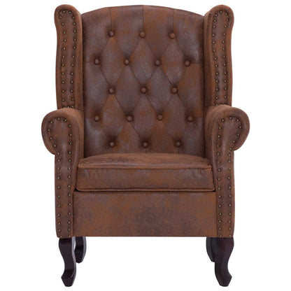 Poltrona Chesterfield Poggiapiedi Marrone Ecopelle Scamosciata
