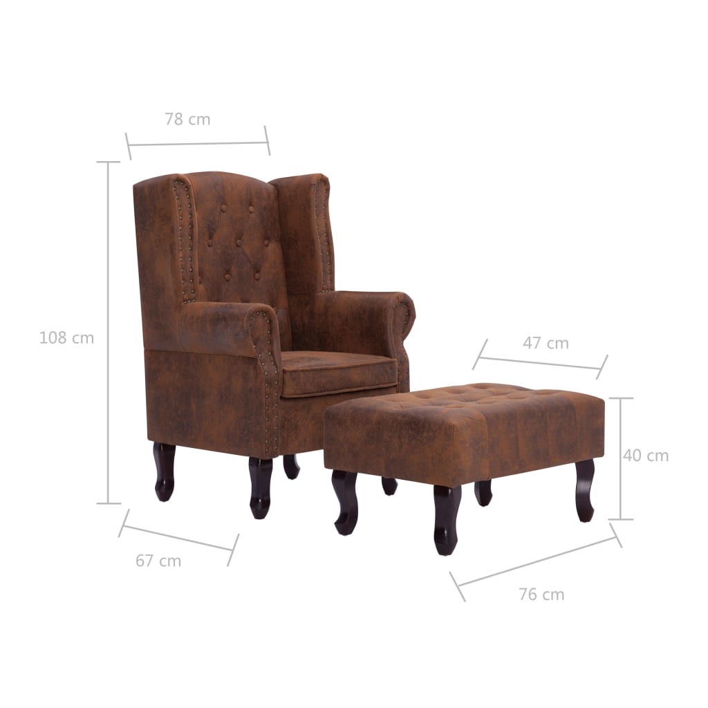 Poltrona Chesterfield Poggiapiedi Marrone Ecopelle Scamosciata - homemem39