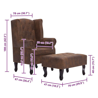 Poltrona Chesterfield Poggiapiedi Marrone Ecopelle Scamosciata