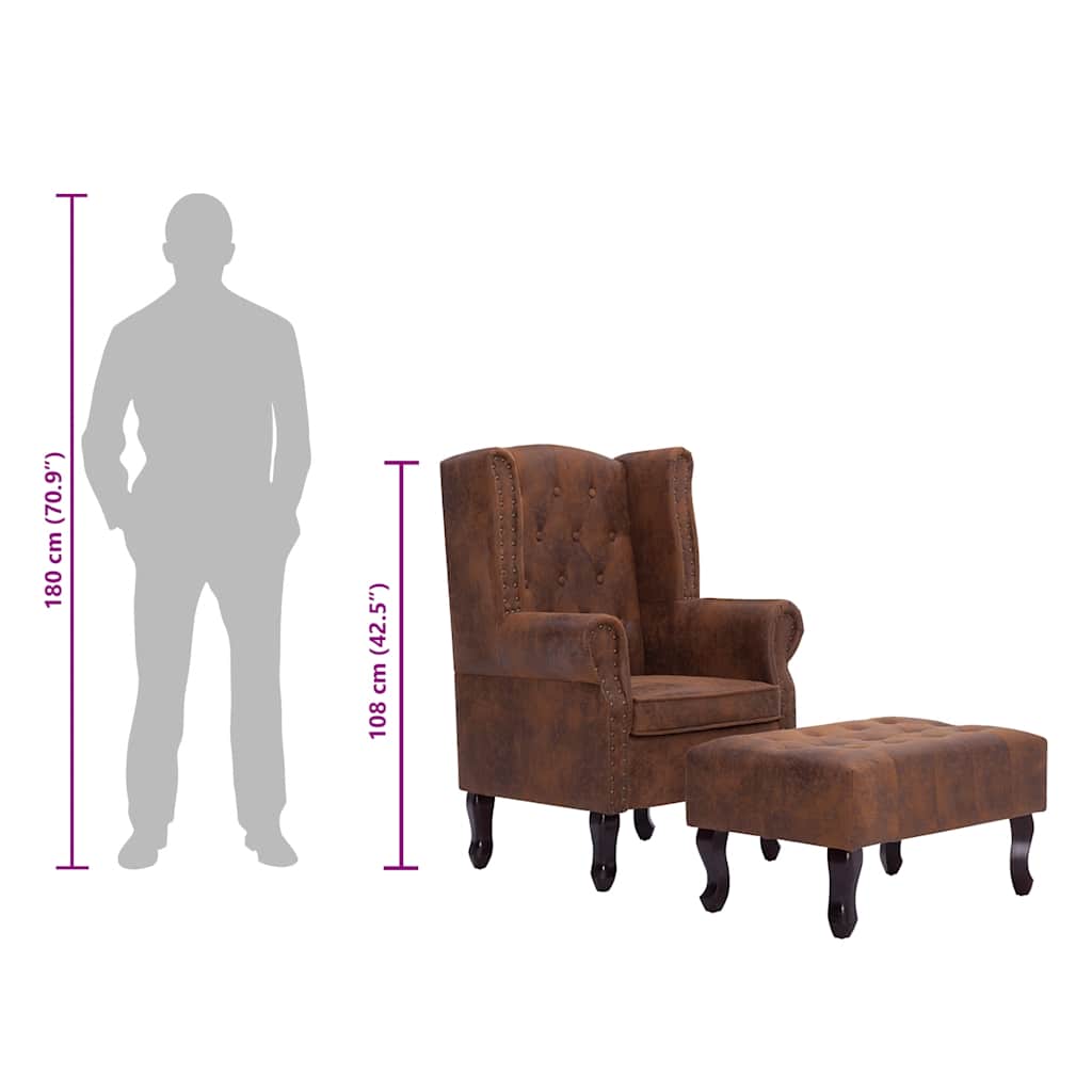 Poltrona Chesterfield Poggiapiedi Marrone Ecopelle Scamosciata