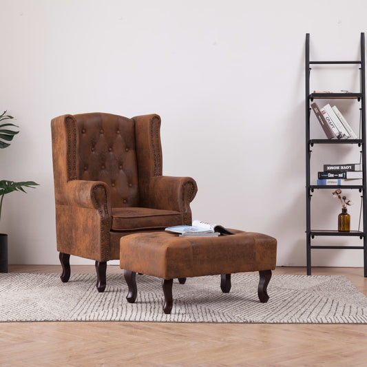 Poltrona Chesterfield Poggiapiedi Marrone Ecopelle Scamosciata - homemem39