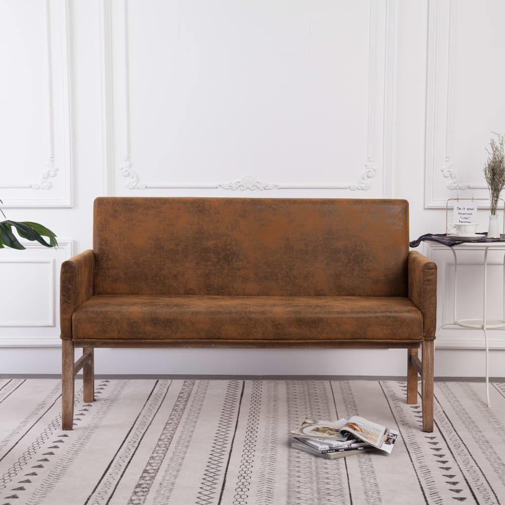 Bench with Armrests 140 cm Brown in Faux Suede
