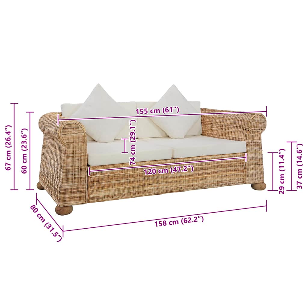 Divano a 2 Posti con Cuscini in Rattan Naturale | homemem39