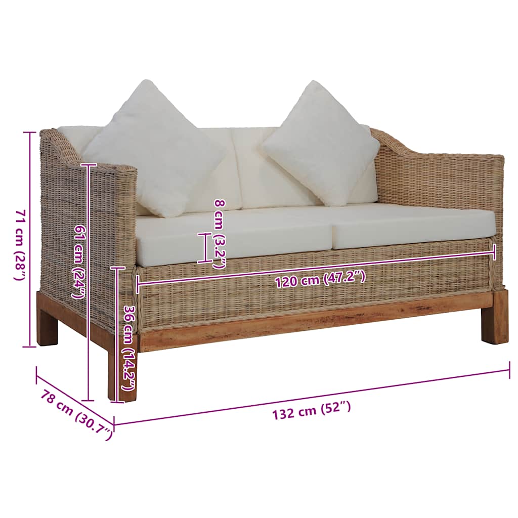Divano a 2 Posti con Cuscini in Rattan Naturale - homemem39