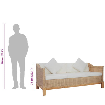 Divano a 3 Posti con Cuscini in Rattan Naturale