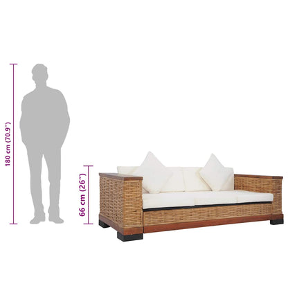Divano a 3 Posti con Cuscini Marrone in Rattan Naturale
