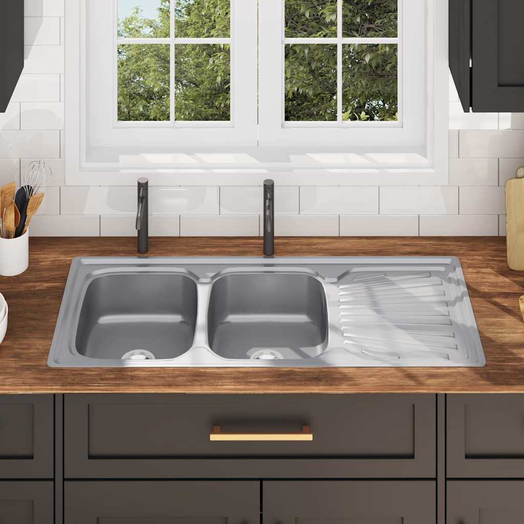 Lavello da Cucina Doppio con Filtro e Sifone in Acciaio Inox - homemem39