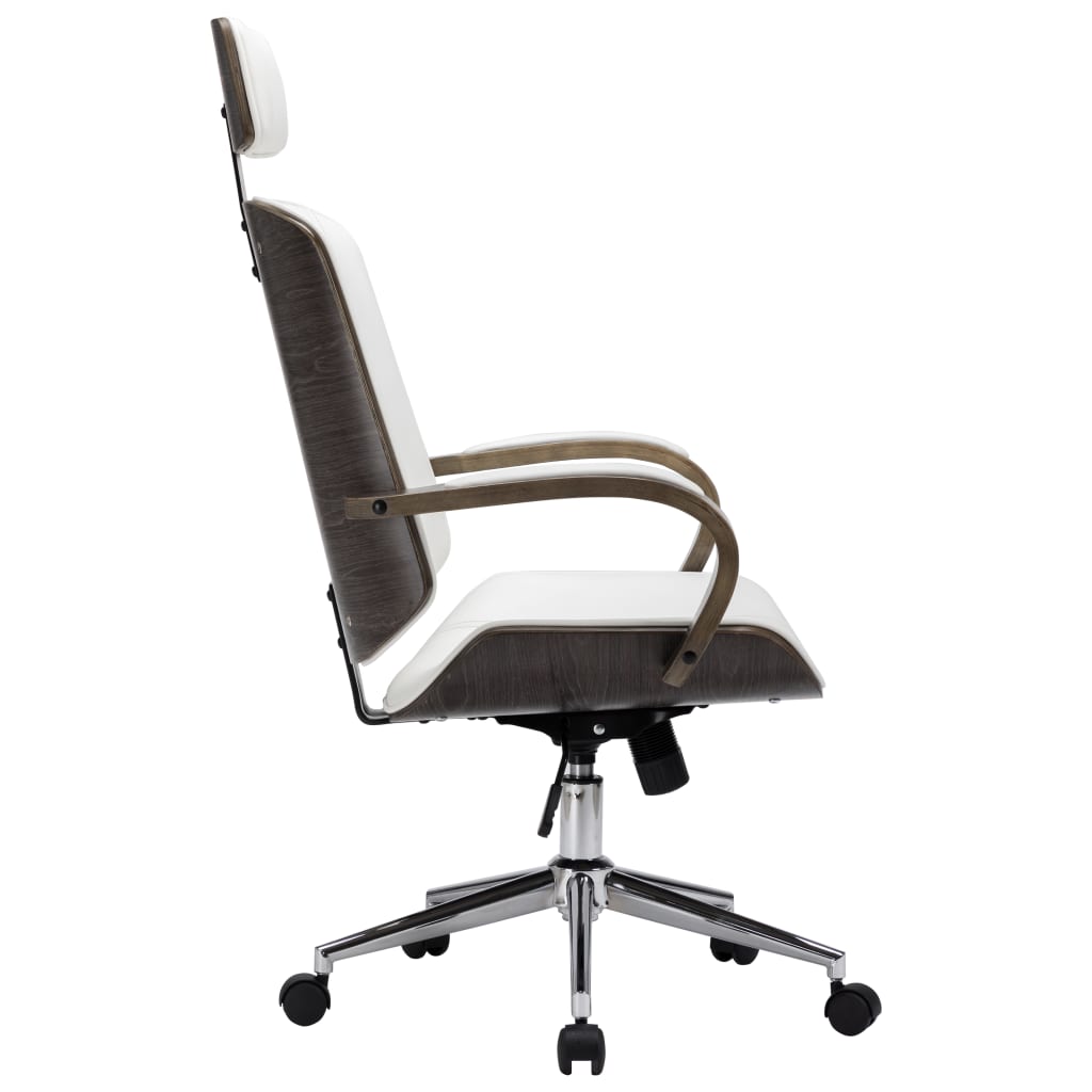 Sedia Girevole con Poggiatesta Bianca Similpelle Legno Curvato | homemem39