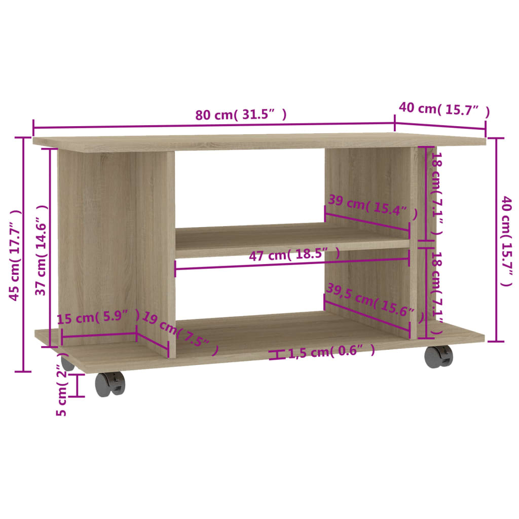 Mobile TV con Ruote Rovere Sonoma 80x40x45 cm Legno Multistrato - homemem39
