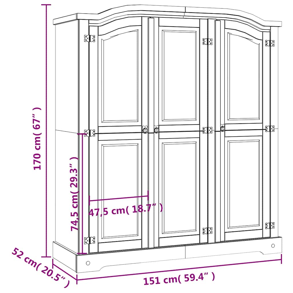 vidaXL Armadio in Legno di Pino Messicano Corona 3 Ante Grigio - homemem39