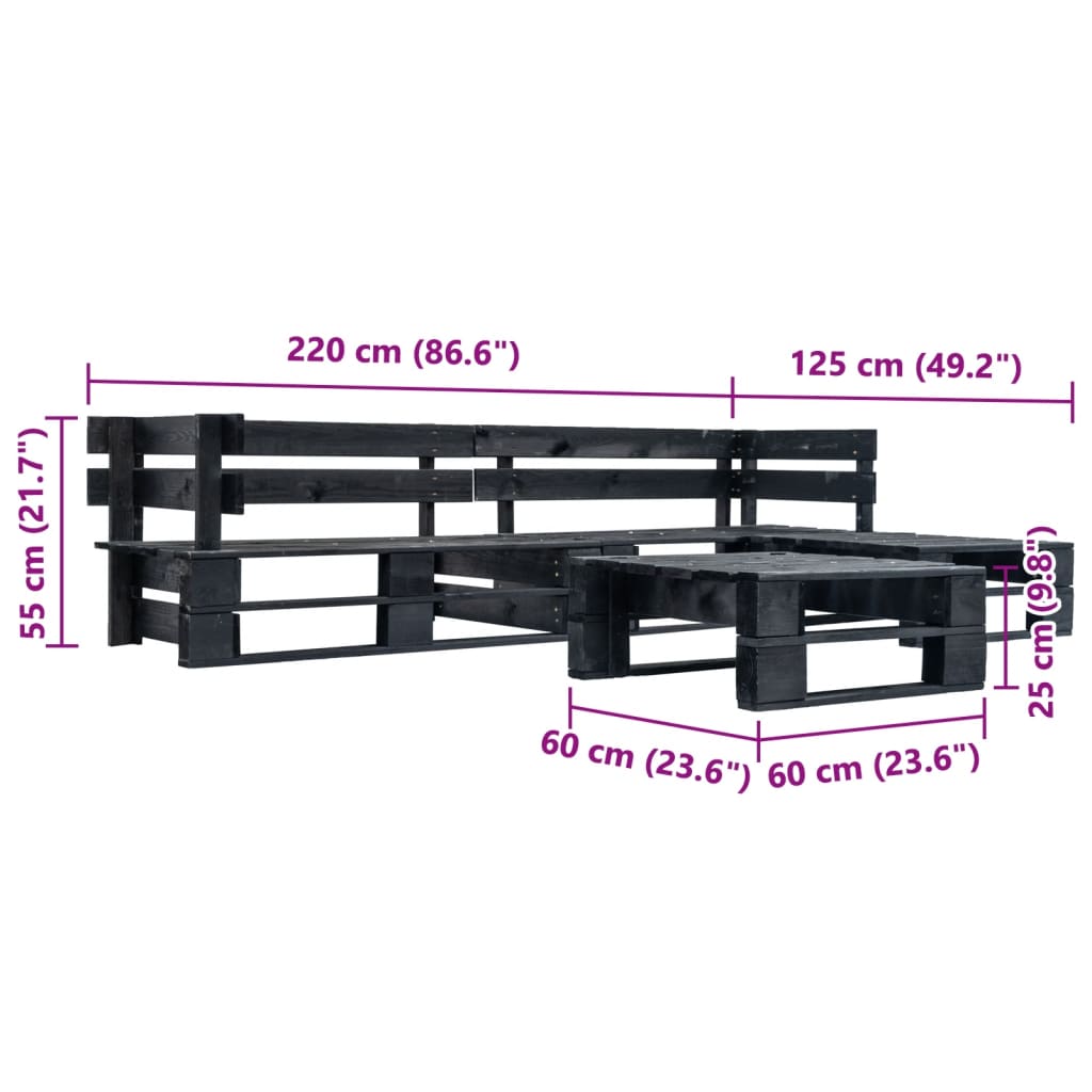 Divani da Giardino su Pallet 4 pz Neri in Legno | homemem39