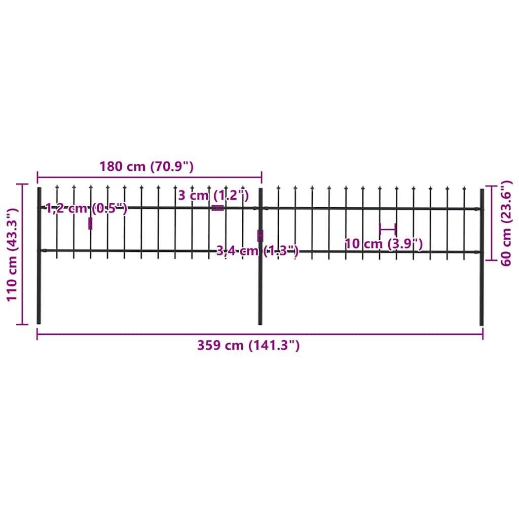 Recinzione da Giardino con Punta a Lancia in Acciaio 359x60 cm Nero - homemem39