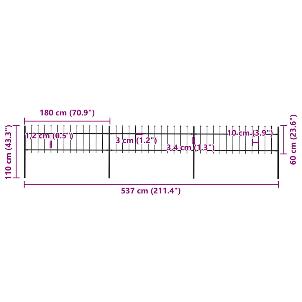 Recinzione da Giardino con Punta a Lancia in Acciaio 537x60 cm Nero - homemem39