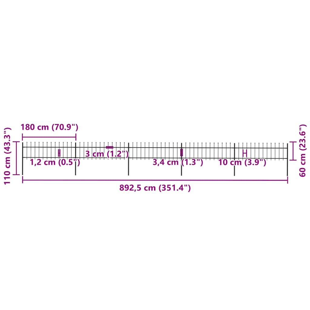 Recinzione da Giardino con Punta a Lancia in Acciaio 892,5x60 cm Nero - homemem39