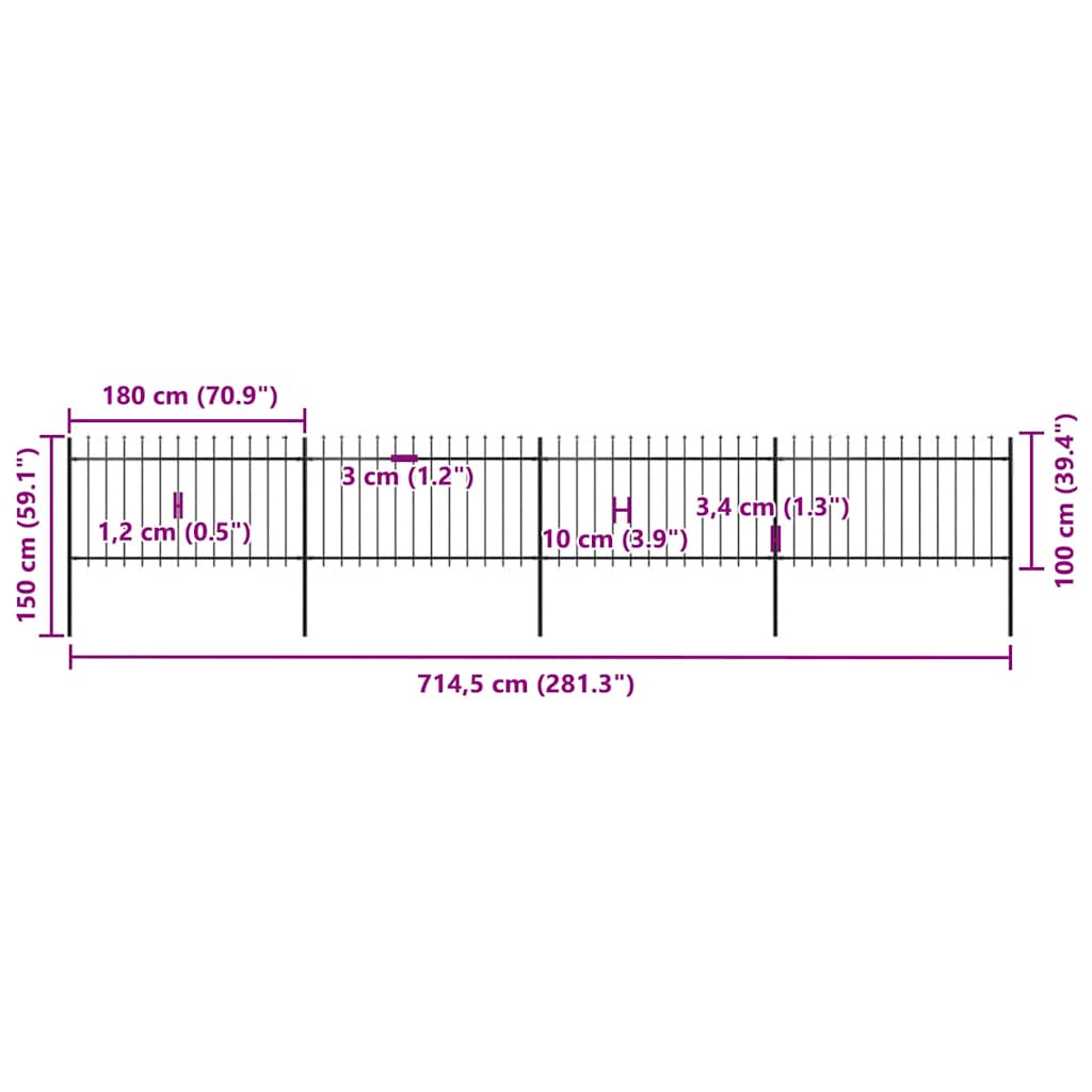 Recinzione da Giardino con Punta a Lancia in Acciaio 714,5x100 cm Nero - homemem39