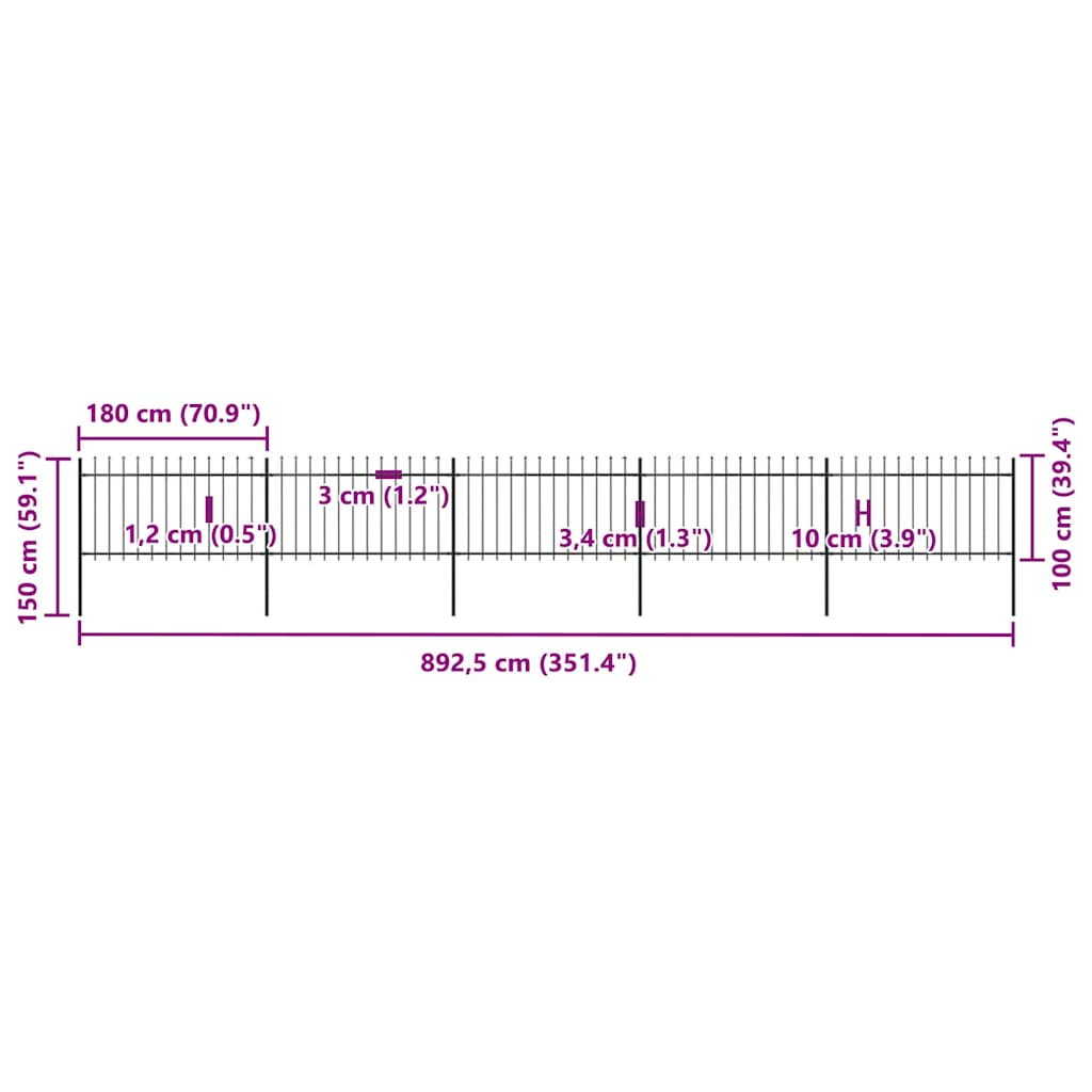 Recinzione da Giardino con Punta a Lancia in Acciaio 892,5x100 cm Nero - homemem39