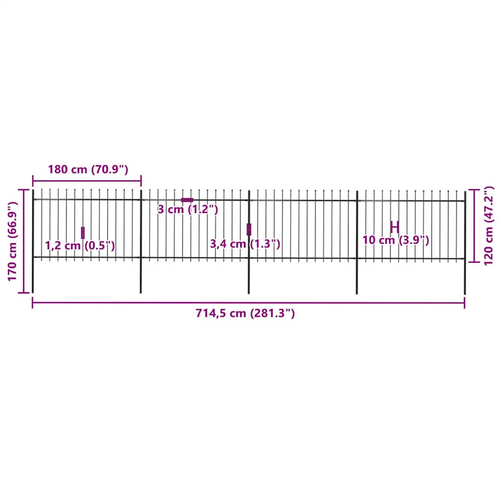 Recinzione da Giardino con Punta a Lancia in Acciaio 714,5x120 cm Nero - homemem39