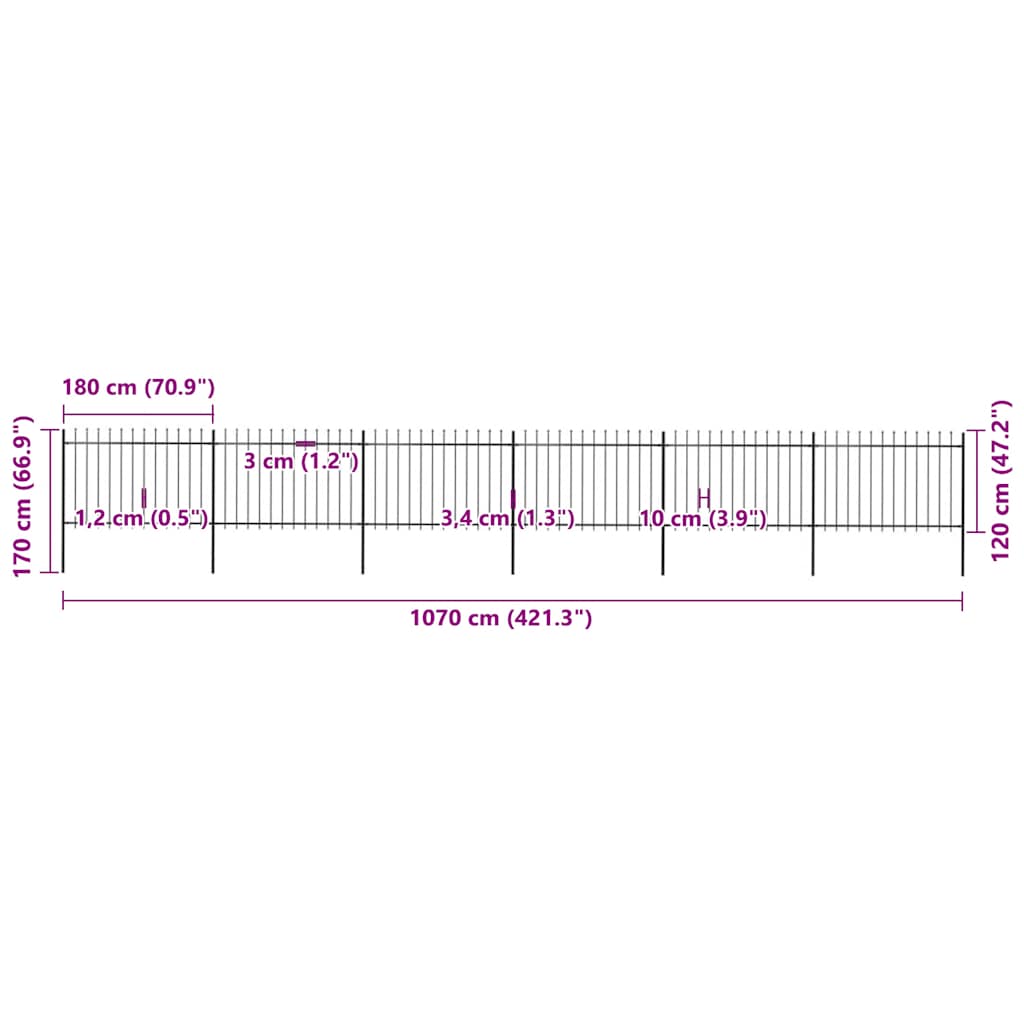 Recinzione da Giardino con Punta a Lancia in Acciaio 1070x120 cm Nero - homemem39