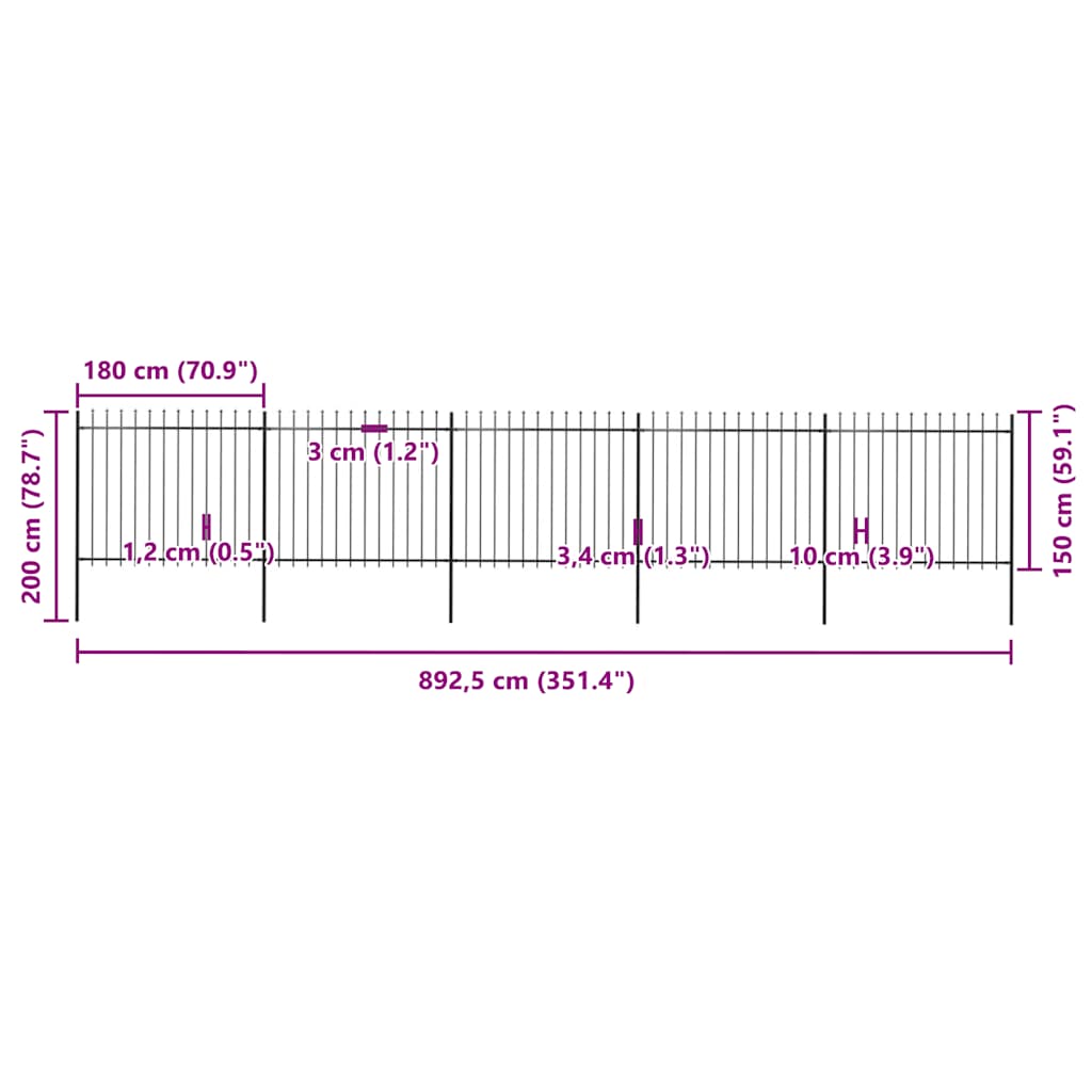 Recinzione da Giardino con Punta a Lancia in Acciaio 892,5x150 cm Nero - homemem39