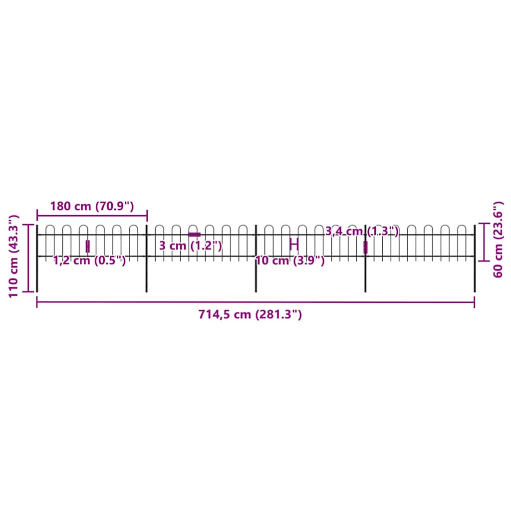 Recinzione da Giardino con Parte Superiore ad Anello in Acciaio 714,5x60 cm Nero - homemem39