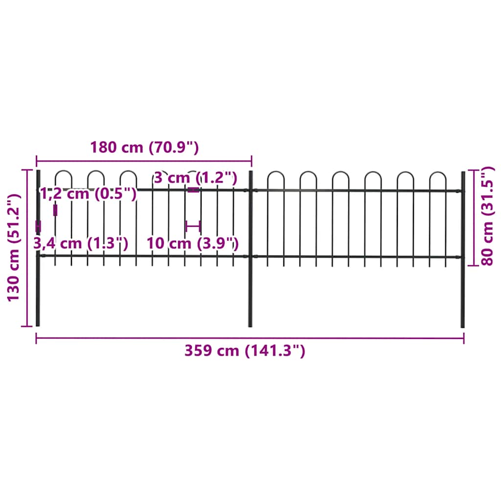 Recinzione da Giardino con Parte Superiore ad Anello in Acciaio 359x80 cm Nero - homemem39