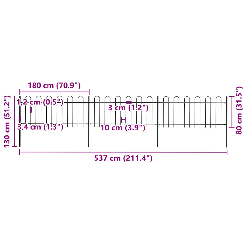 Recinzione da Giardino con Parte Superiore ad Anello in Acciaio 537x80 cm Nera - homemem39