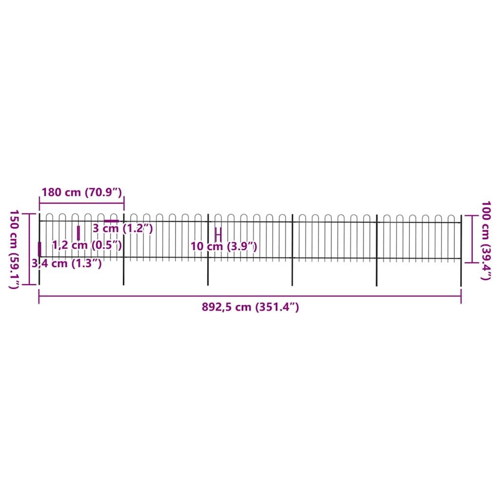 Recinzione da Giardino con Parte Superiore ad Anello in Acciaio 892,5x100 cm Nero - homemem39